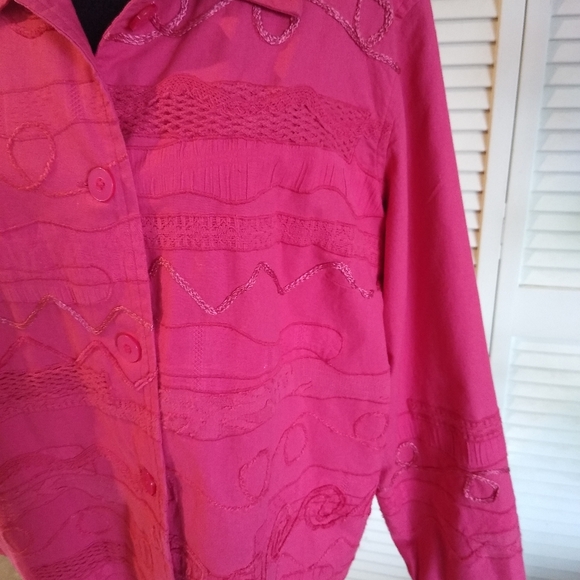 Coldwater Creek 2X Bright Pink Embroidered Button-Up Cotton Shirt Blouse - Picture 7 of 9
